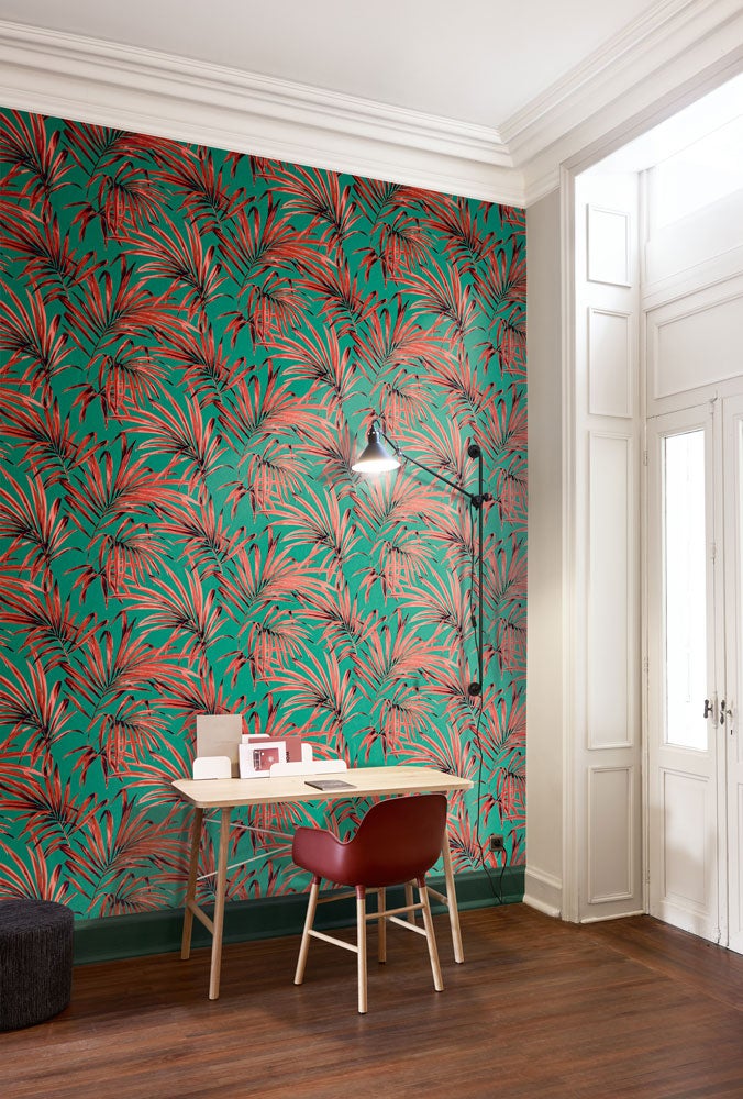 Palm tropical, tapet i grön och röd