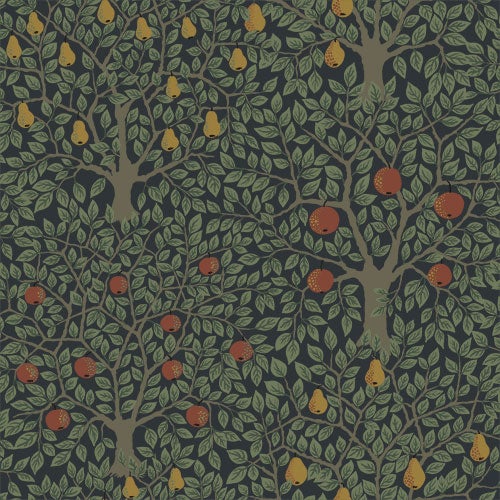 Pomona trädmönster, mörk botten och ljusgröna blad
