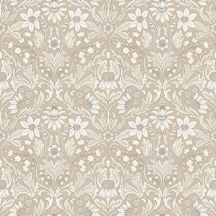 Blomsterfröjd, beige, vit och grön tapet