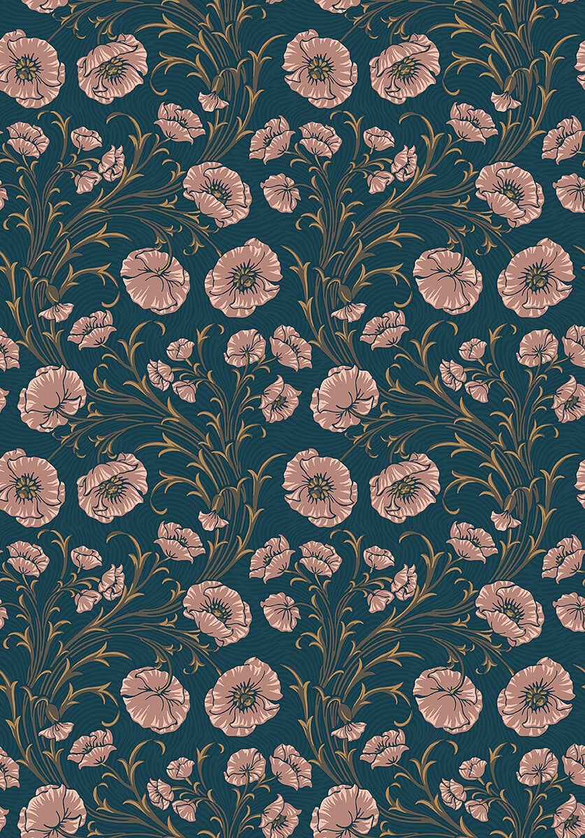 Poppy Flow, blommor på blå botten